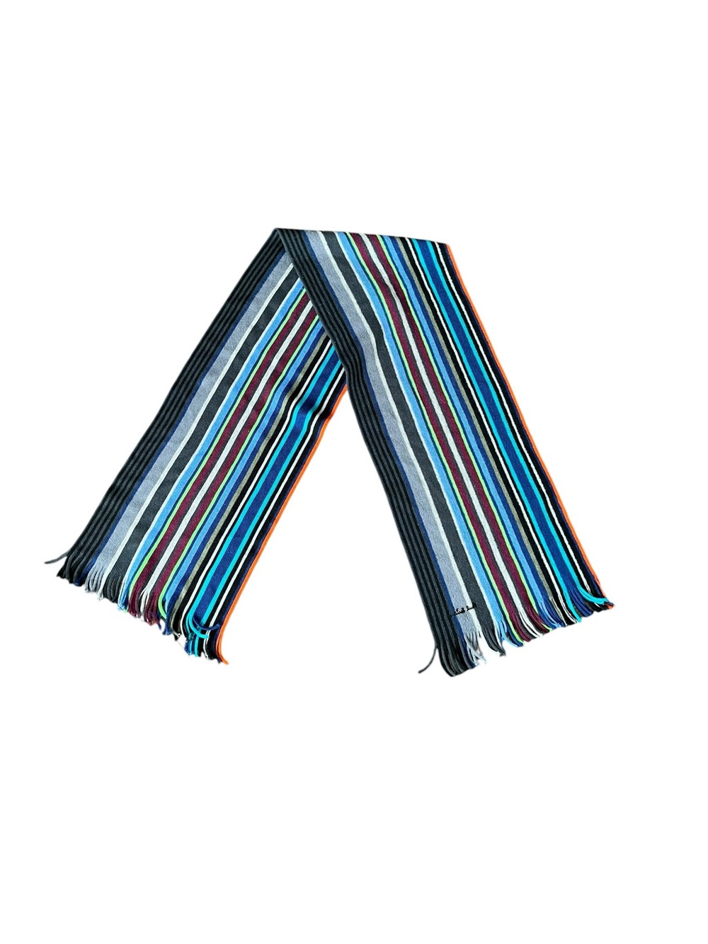 Paul Smith Striped Fringe Multi Color Knit Scarf Merino Wool